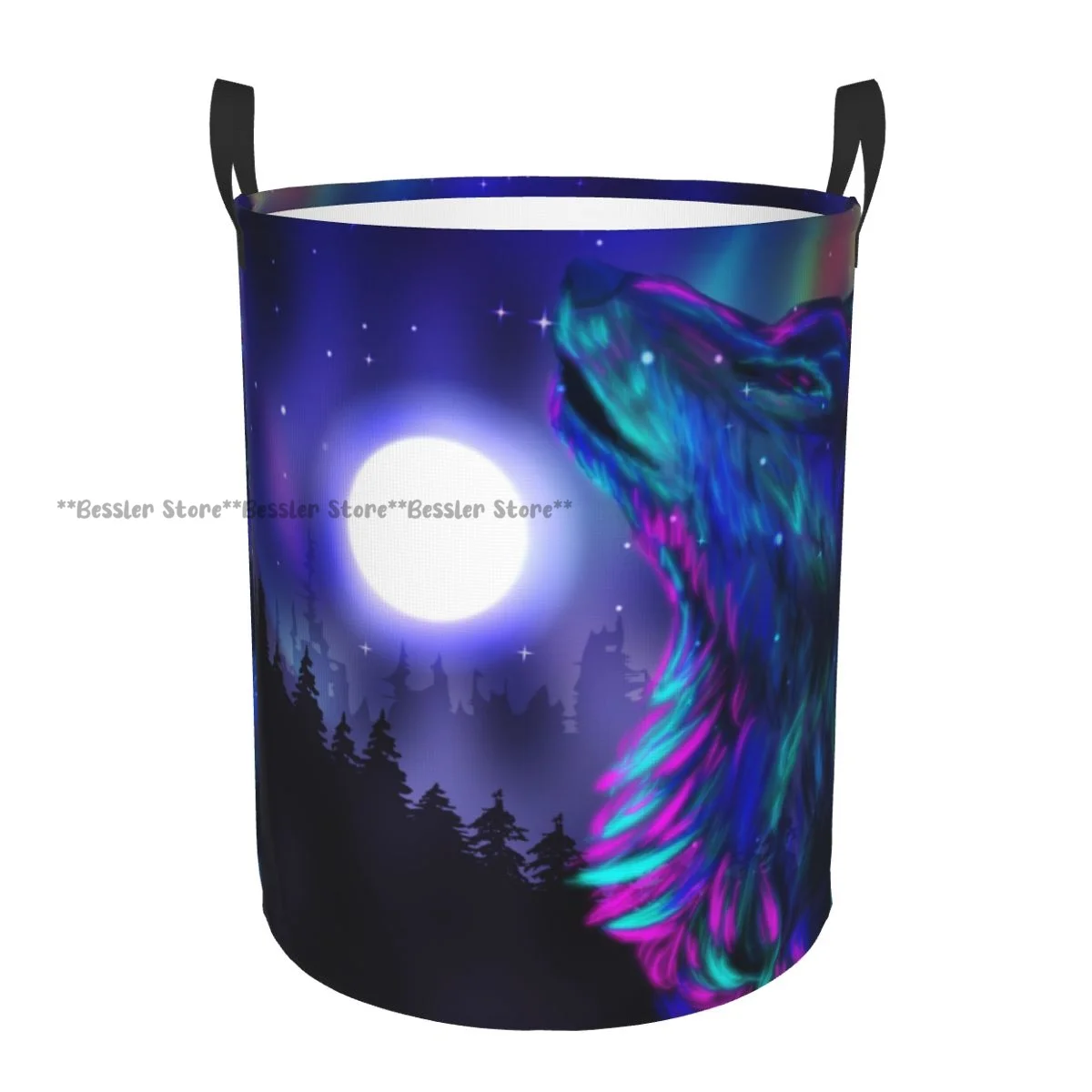 Laundry Basket Northern Aurora Borealis Wolf Forest Starry Night Dirty Clothes Storage Bucket Wardrobe Clothing Organizer Hamper