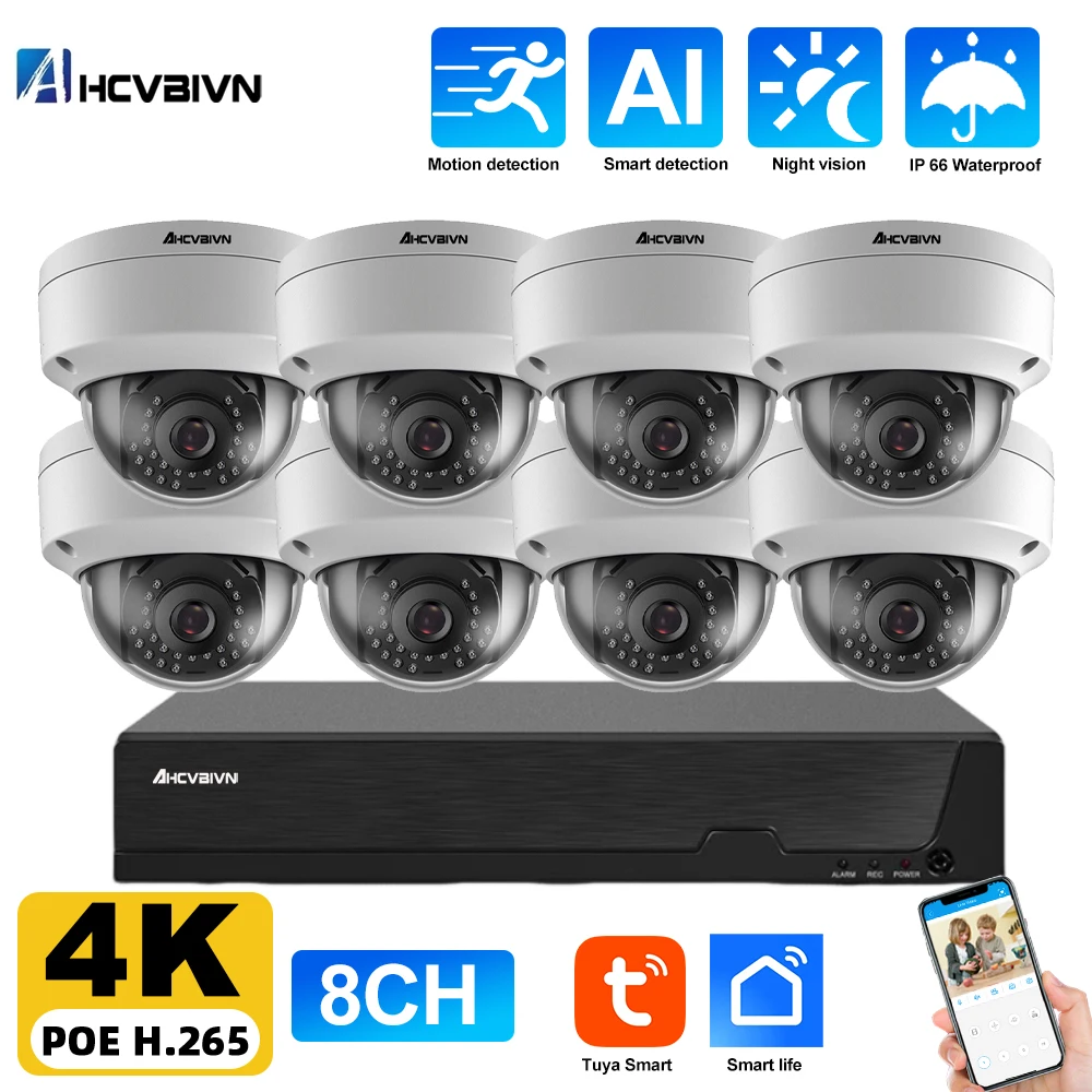 

Tuya 4K POE Dome Security Camera System Set 8CH 4K Poe NVR Kit Outdoor Human Detection CCTV IP Camera Video Surveillance System