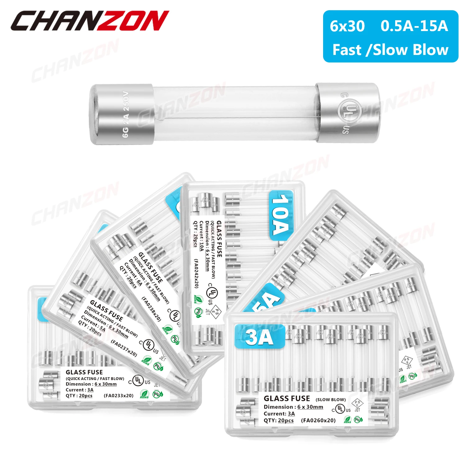 20pcs 6x30 mm Glass Tube Fuses Fast Slow Blow 6*30 6x30mm 0.5A 1A 2A 3A 4A 5A 6A 8A 10A 12A 15A 250V 125V 12V Cutoff Fusee