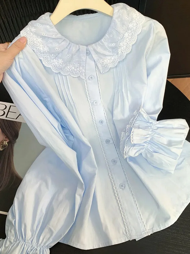 

Новая милая синяя женская блузка с кружевными вставками и воротником Питер Пэн, в японском стиле преппи, с длинным рукавом, винтажный топ на весну