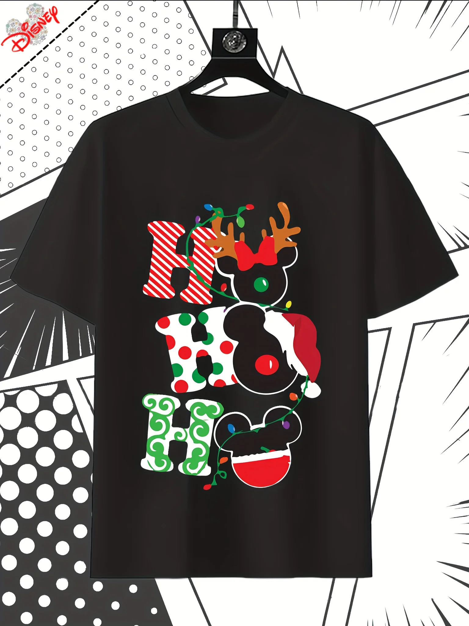 

Disney Christmas T-shirt - Ho Ho Short Sleeve Top with Mickey and Minnie Ears, Candy Cane, and Snowflake Pattern