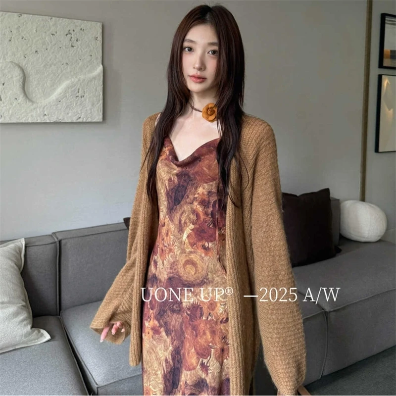 Vintage Print Slip Maxi Dress Backless Slim Waist Pleated Tunic For Women Summer Japanese Street Style Y2K Aesthetic Party