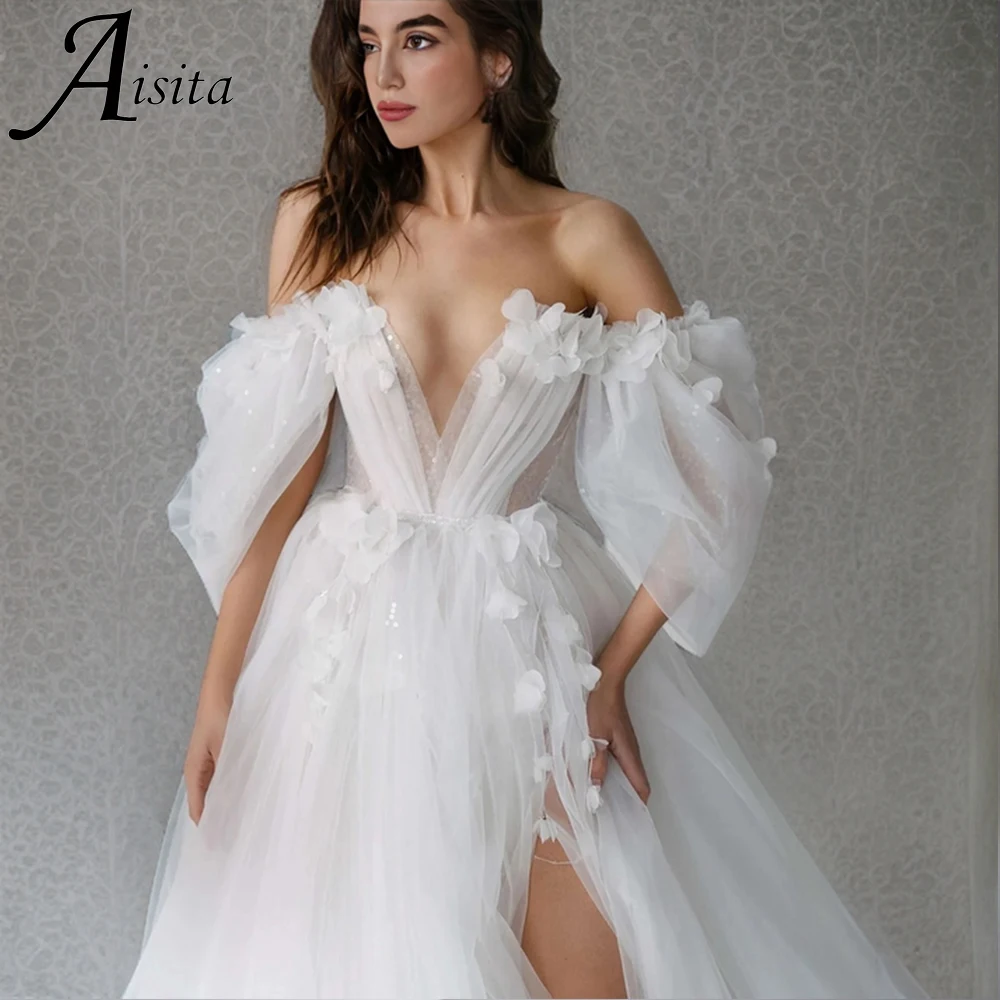 Princess A-Line Wedding Dress Off Shoulder Womens Dresses 3D flowers Side Split Customized Pretty Women's Dresses Vestido