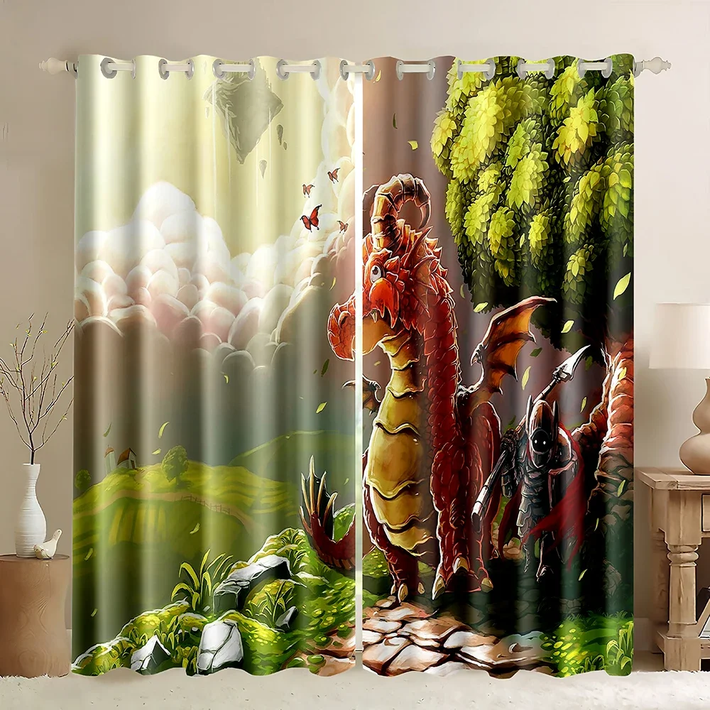 Dragon Blackout Curtains,Eastern Western Fantasy Mythical Magic Dragon Grommet Thermal Insulated Drapes Darkening Window Curtain