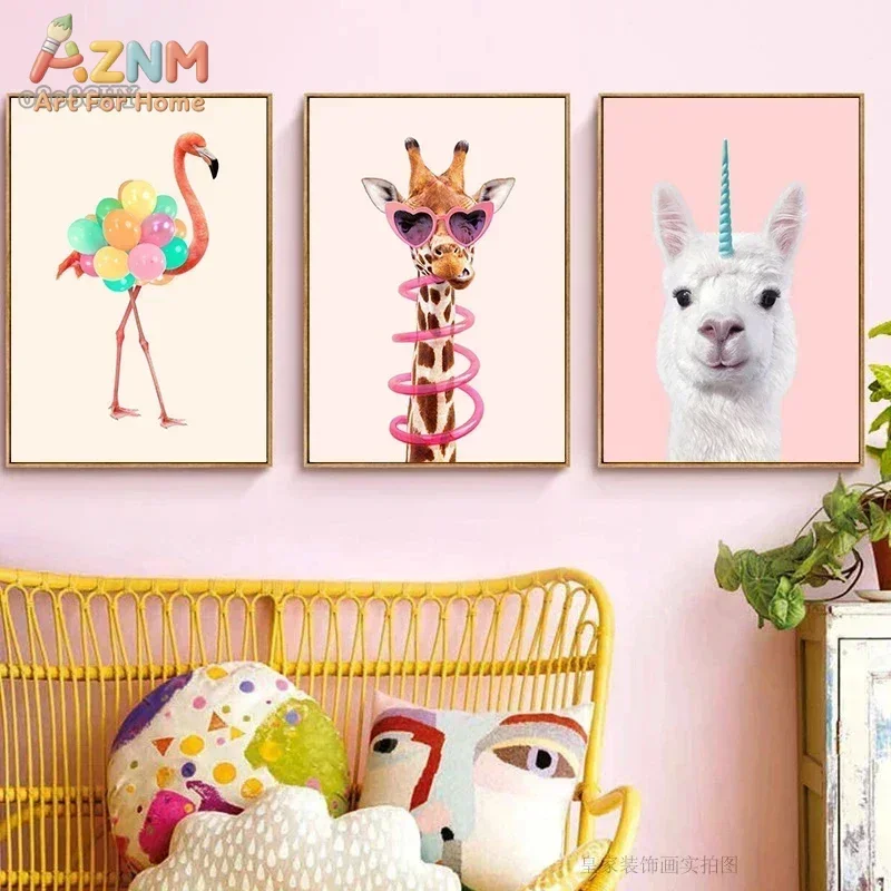 AZNM Cute Funny Animal Canvas Wall Art Print Flamingo Balloon Giraffe Sunglasses Unicorn Alpaca Pink Kids Room Poster Unframed C