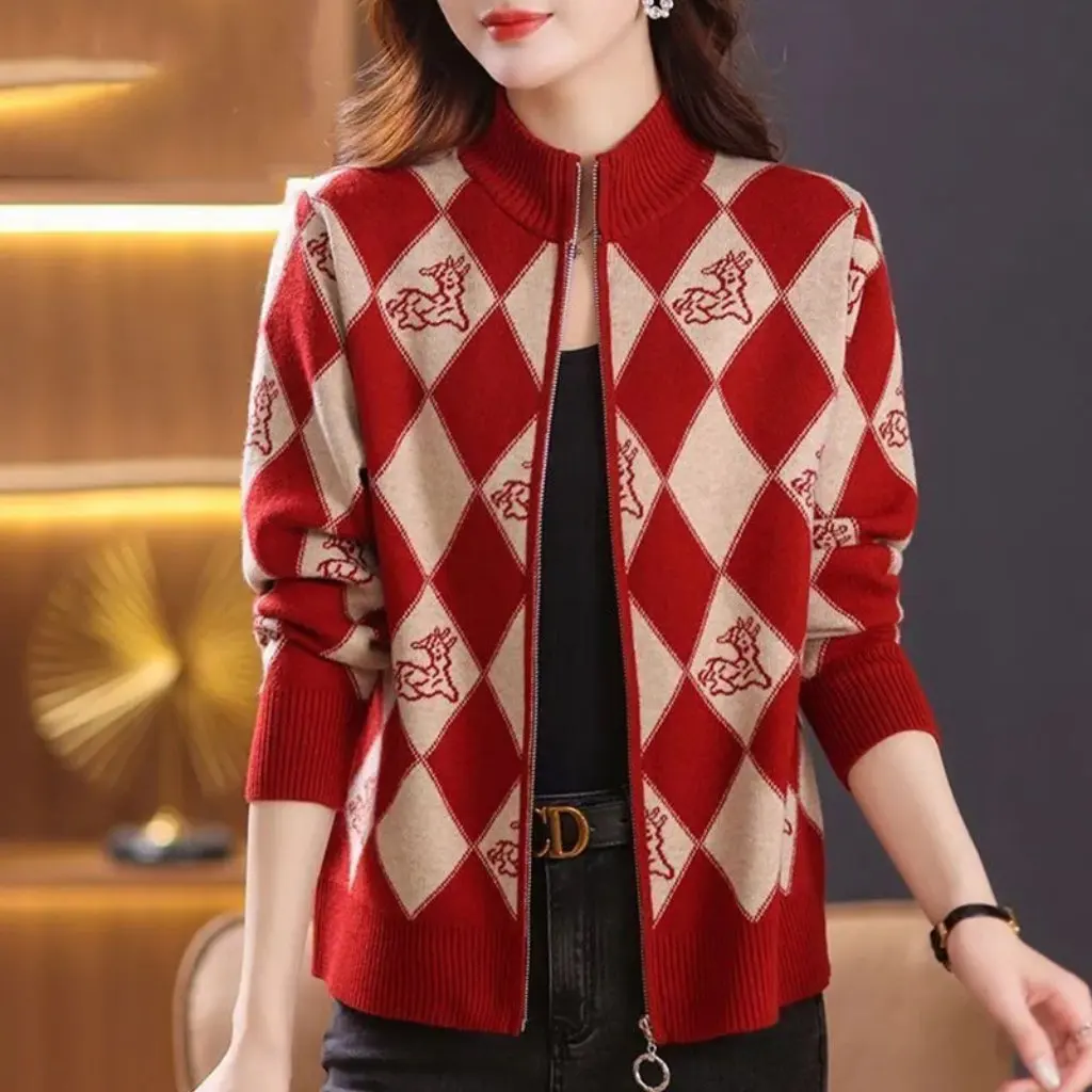 

Women's Loose Diamond Knitted Cardigan Long-Sleeved High Collar Sweater Coat Spring Autumn Fashion Zipper Outerwear
