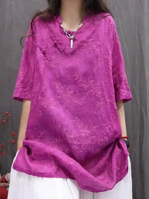 

Retro Cotton Linen Women's irt Embroidered Button Stand Collar Loose Artistic Midi irt Summer Season Regular Thin