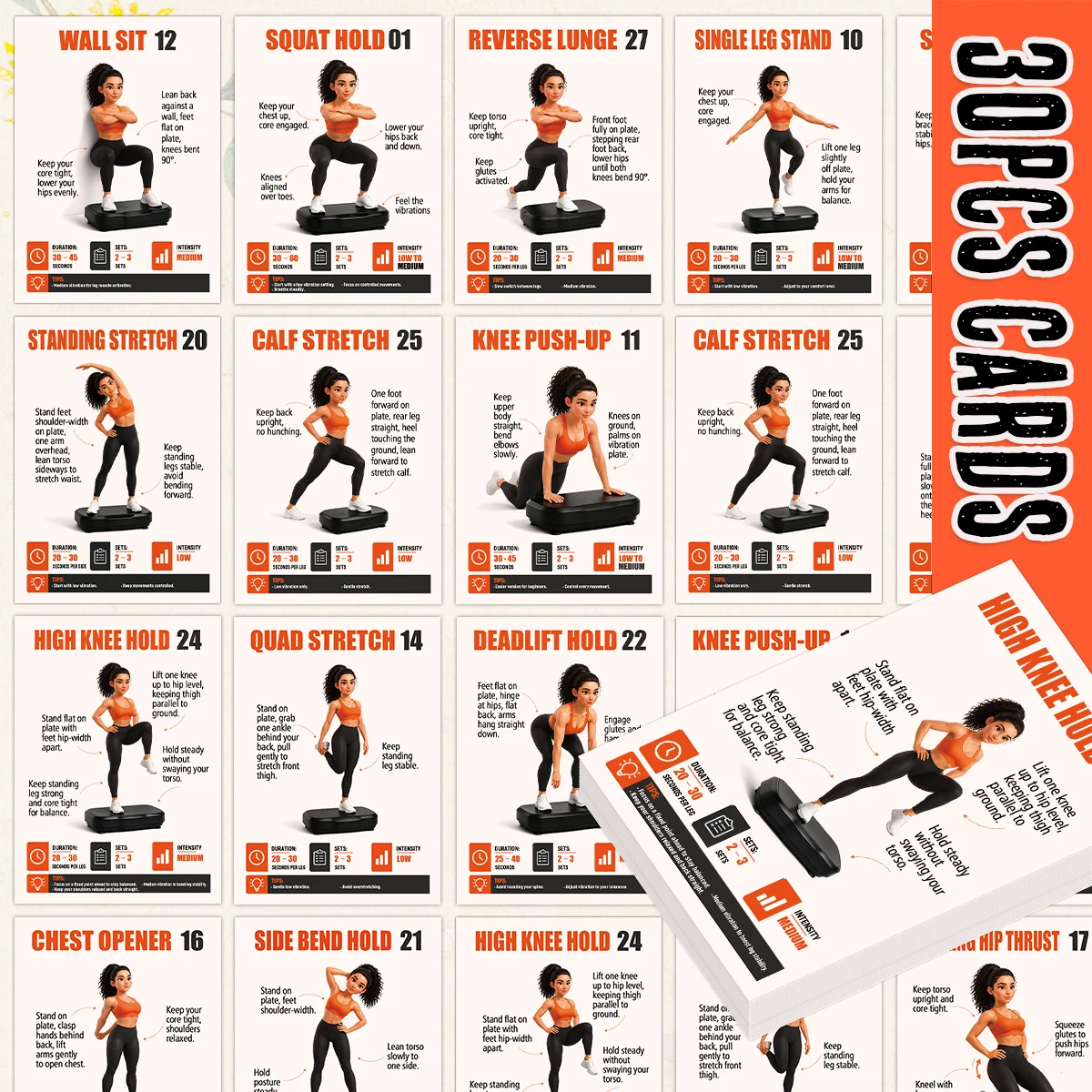 30pcs Vibration Plate Exercise Fitness Instruction Cards With Illustrated Step-By-Step Poses,Beginner Home Workout Routine Cards