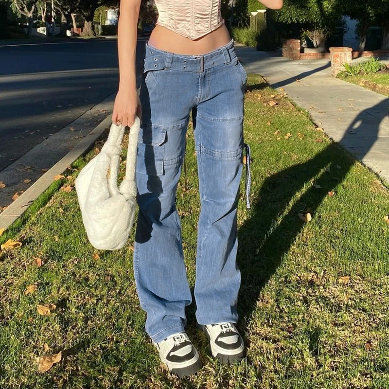 Stylish Blue High Waist Belt Mom Jeans Women NiceHot Full Length Wide Cargo Denim Pants Harajuku Straight Trouser Streetwear