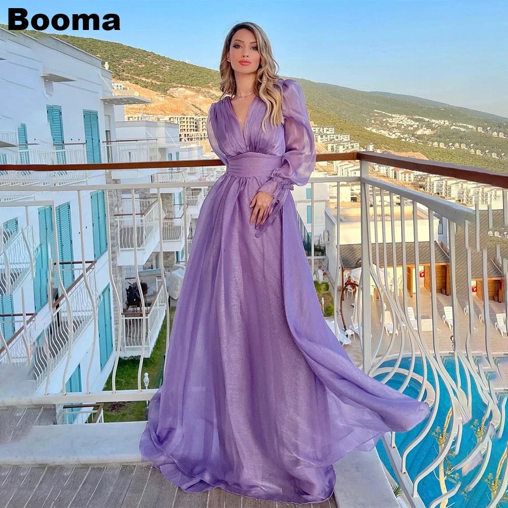 Booma Purple A Line Fomal Evening Deress V Neck Long Sleeves Organza  Prom Gowns Floor Length Party Events Dresses for Women