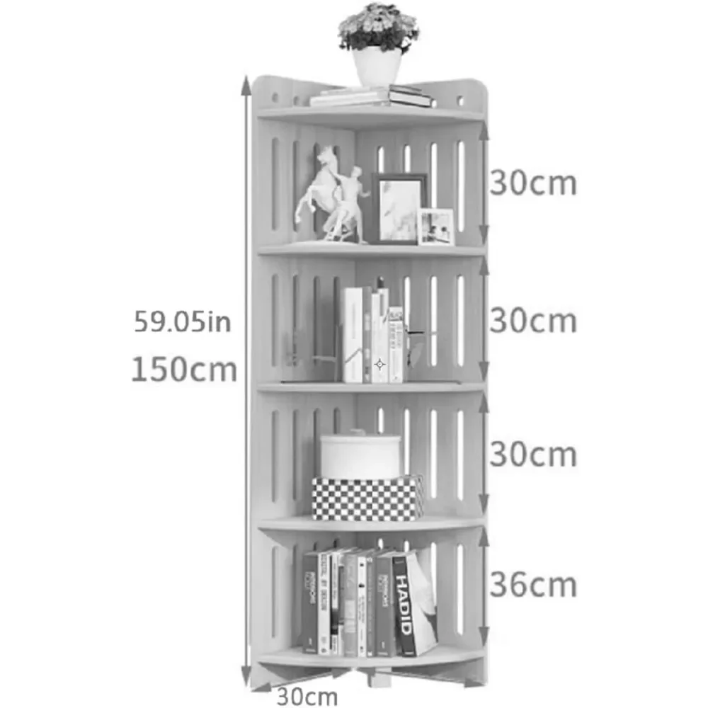 ชั้นวางหนังสือเข้ามุมไม้ชั้นวางหนังสือเข้ามุมสูง 5 ชั้นสําหรับห้องนั่งเล่นห้องนอนห้องครัวและสํานักงาน