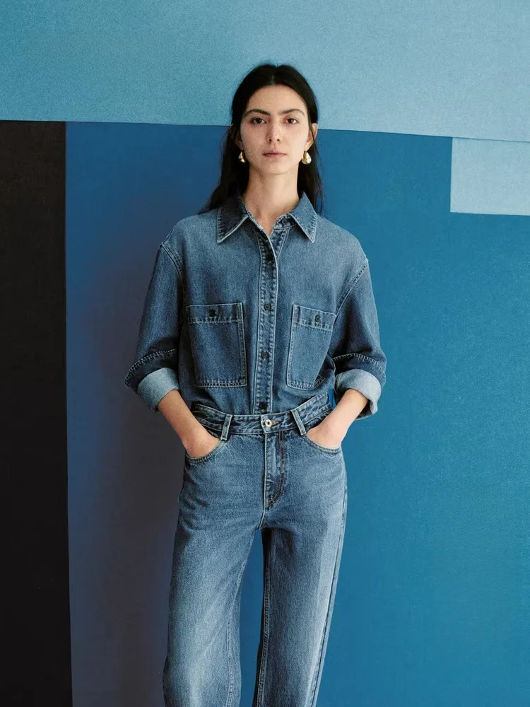 

Женская джинсовая рубашка из триацетата и мягкого хлопка, новинка весны, с длинным рукавом, острым воротником, средней длины, однотонная, для работы