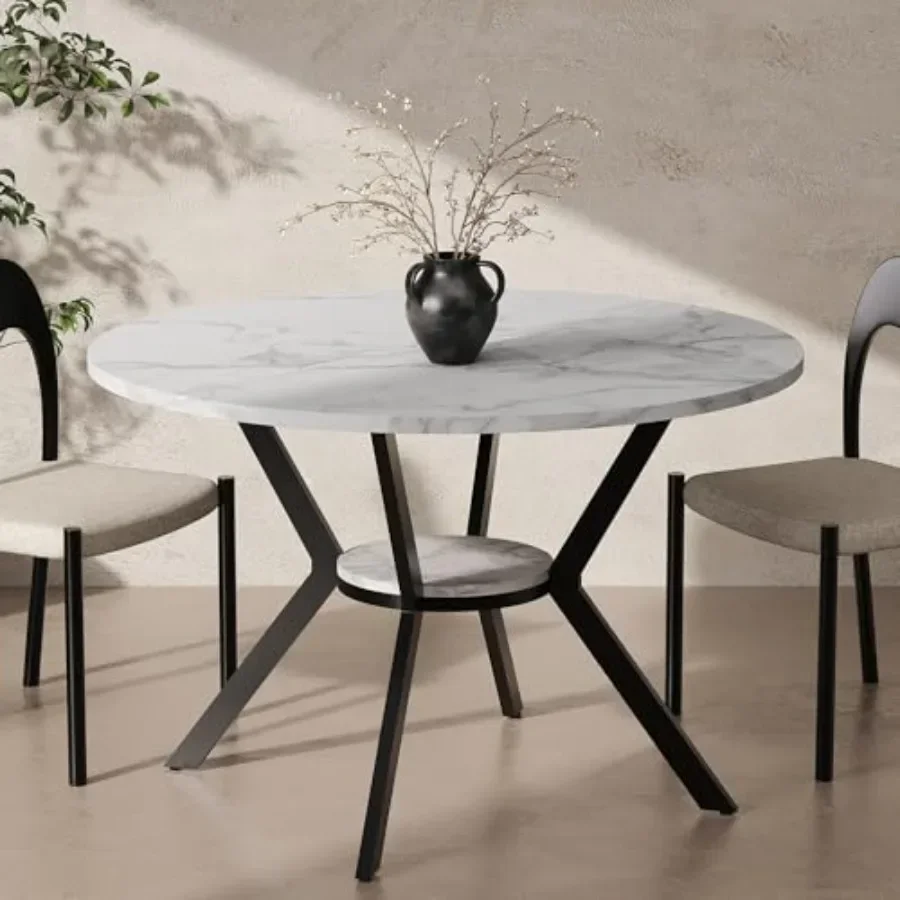 

42" Round Dining Table for 2-4 Modern Kitchen Table with Faux Marble Tabletop and Metal Legs Space Saving Circle Table with Sto