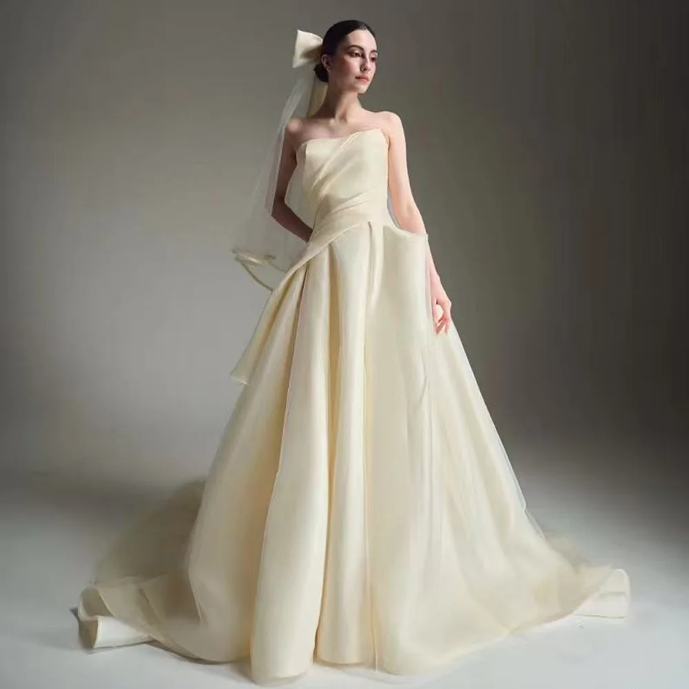 

Custom Luxury Ivory Strapless Satin Organza A-line Wedding Dress, Big Bow Detail Bridal Gown with Train