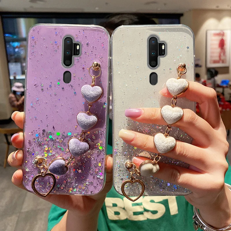 

Luxury Glitter Love Heart Plush Bracelet Phone Case For OPPO A53 A5 A9 A15 A15S A16 A16S A72 A73 A94 F11 F17 F19 Pro Wrist Cover