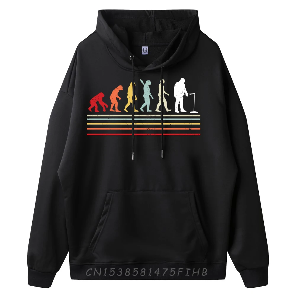 Retro Winter Eisfischen Evolution des Menschen Lustiger Fischer Schwarzer Hoodie Harajuku Weihnachtspullover