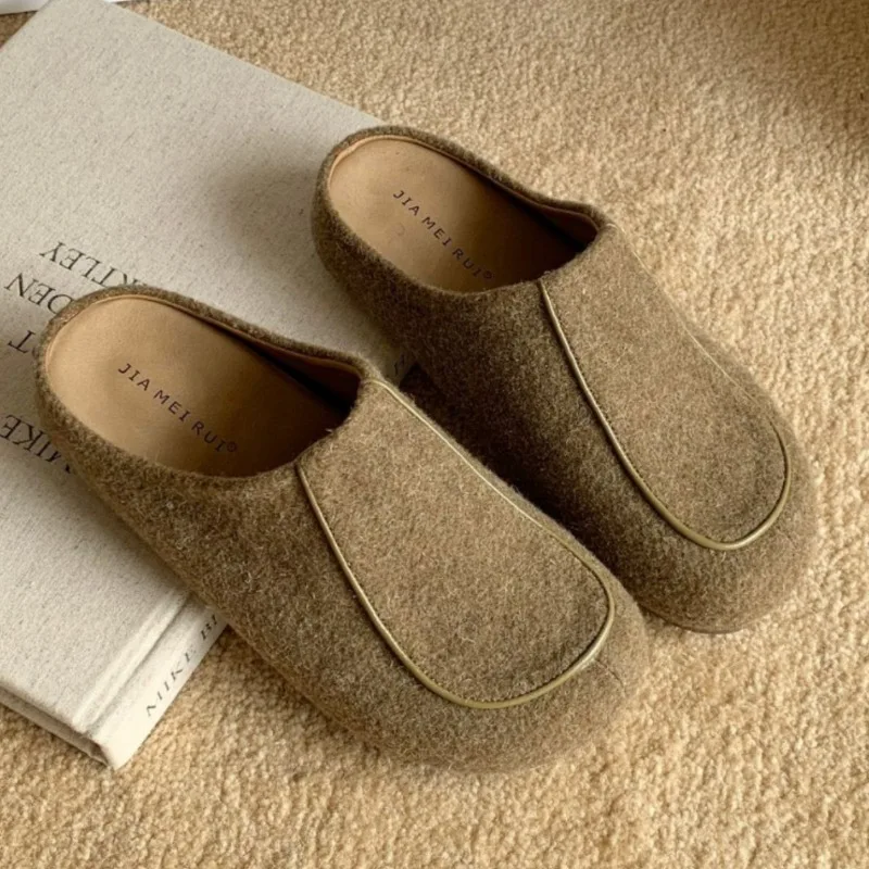 

Осенне-зимние тапочки на толстой подошве, женская сумка на голову, теплые удобные шлепанцы, нескользящие модные ретро-мулы на плоской подошве, женские Pantuflas Mujer