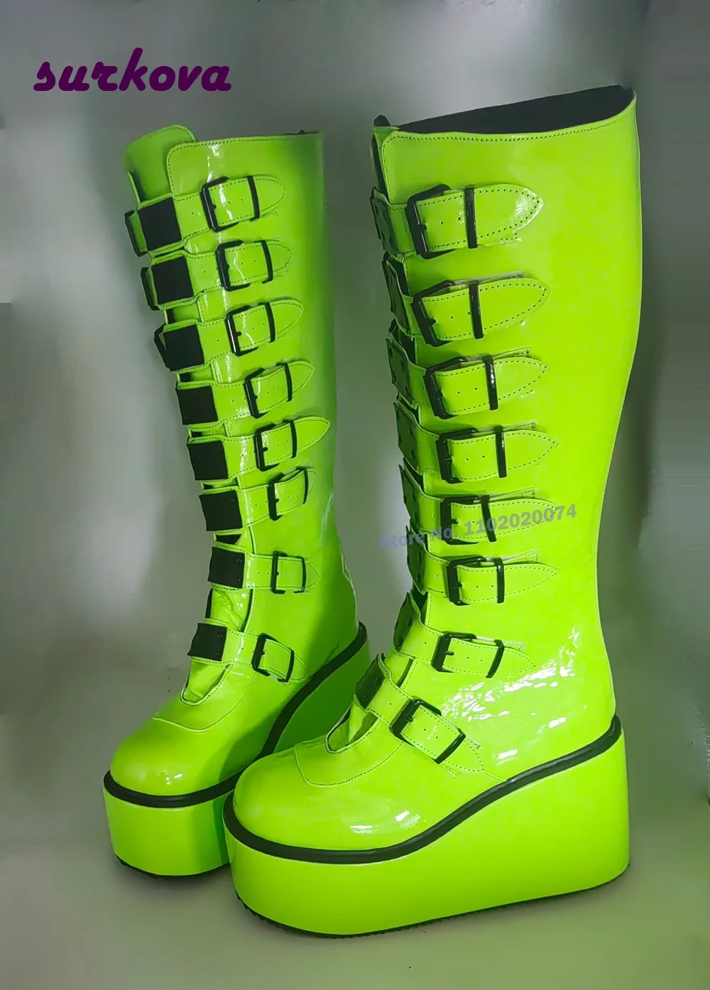 

Fluorescent Green Multi-Buckle Knee High Boots Platform Wedges Women's Boots Mirror Punk Shoes Gothic Metal Large Size 46 Casual