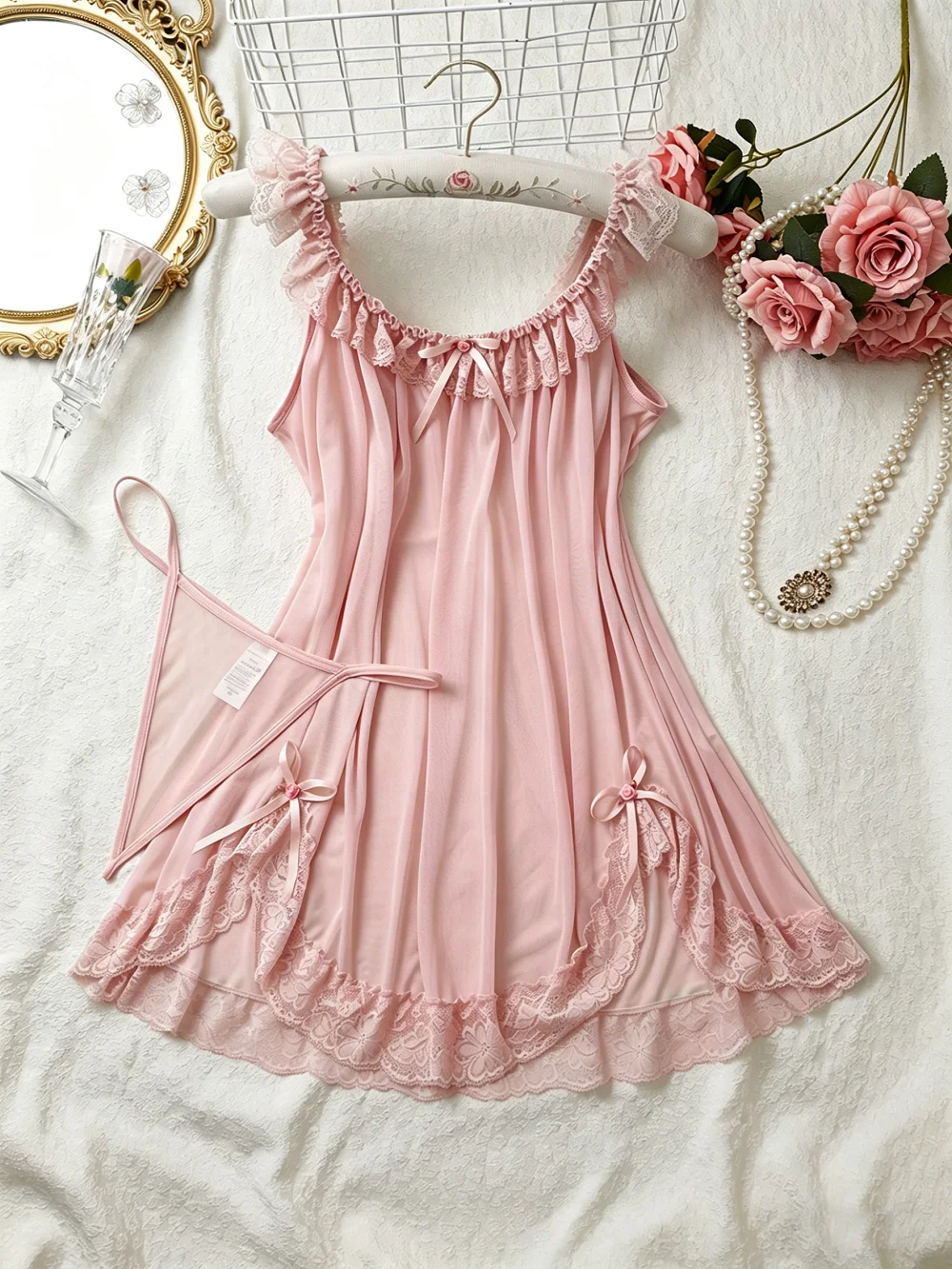 Sexy Contrast Lace and Mesh Babydoll Dress Woman Sexy Nightgown Round-neck Bra Thong Nightdress 2026