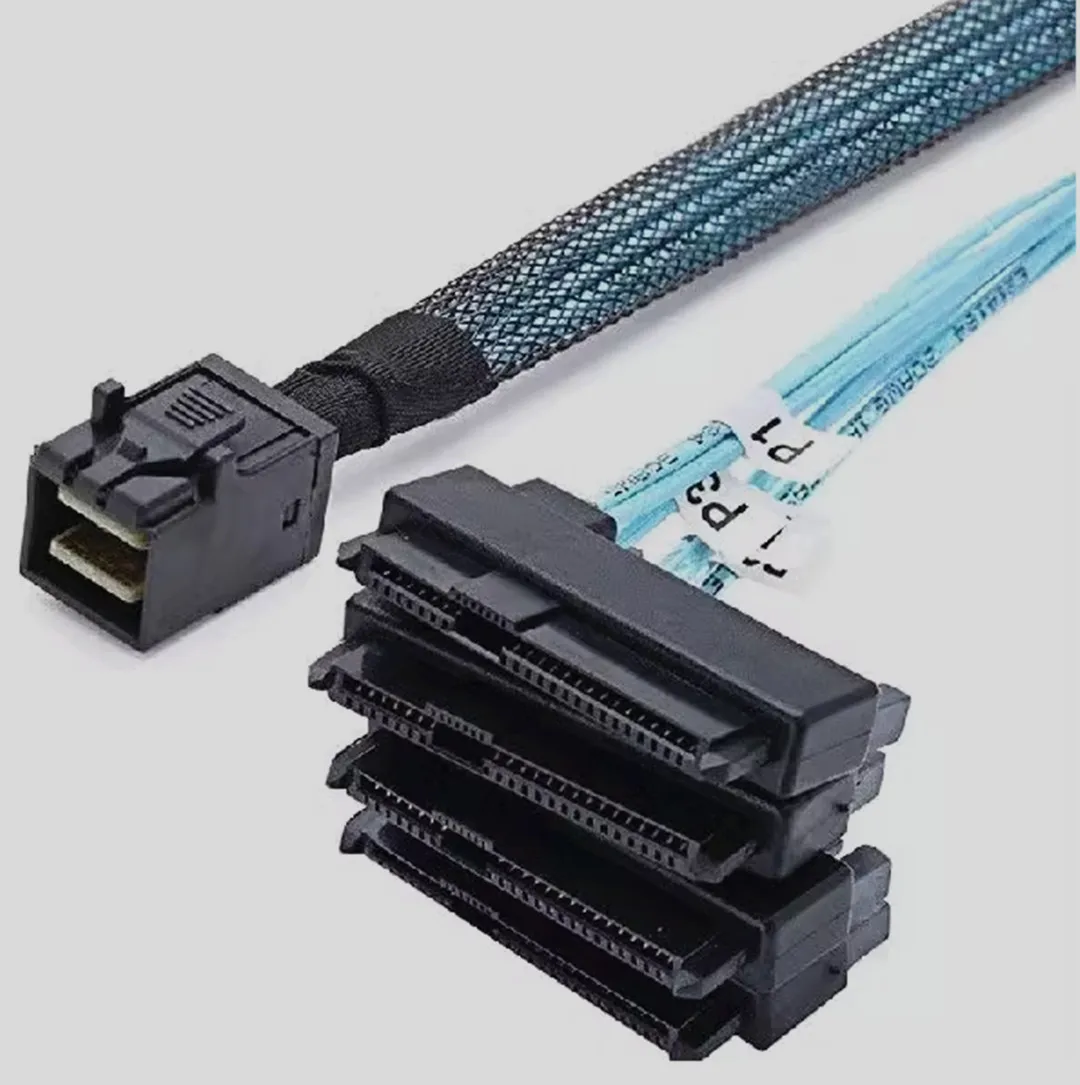 

SFF-8643 Internal Mini SAS HD to (4) 29pin SFF-8482 connectors with SATA 15pin Power Port 2 in 1 Cable