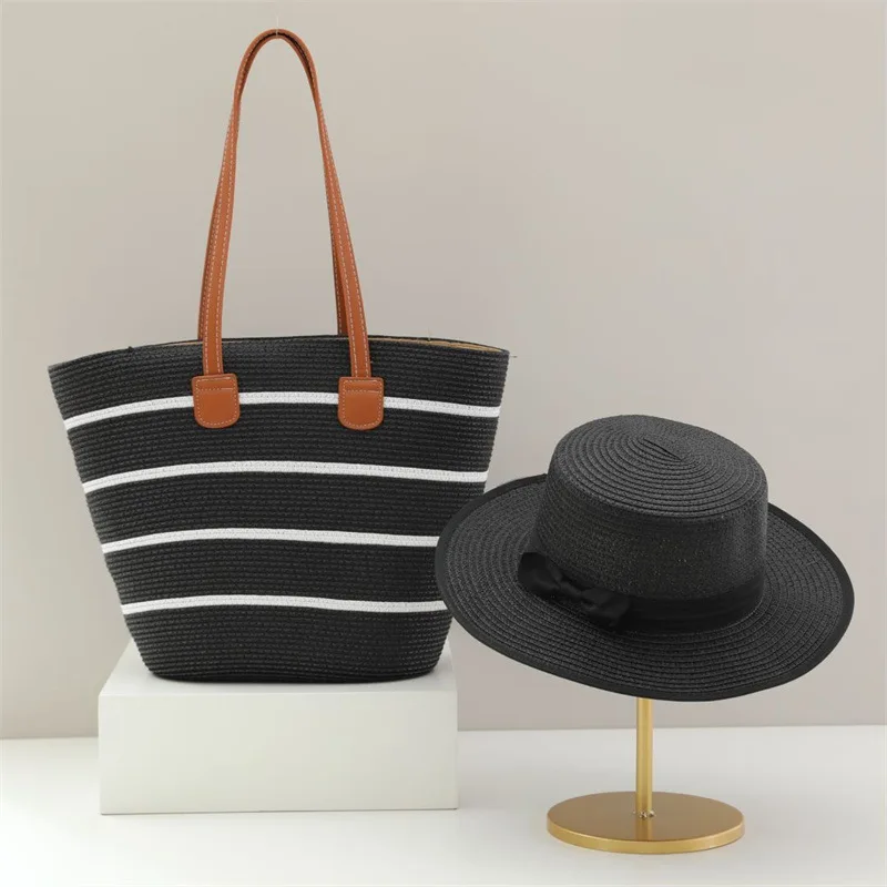 USPOP Straw Sun Hat Bag Two-piece Set for Women Summer Flat Top Straw Hats with  Large Capacity Shoulder Bag