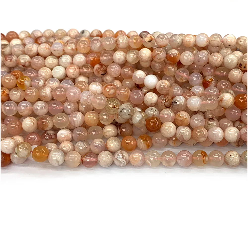 Veemake Pink White Cherry Blossoms Agate Round Beads For Jewelry Making Charms Natural Gemstones Crystal DIY Necklace Bracelets