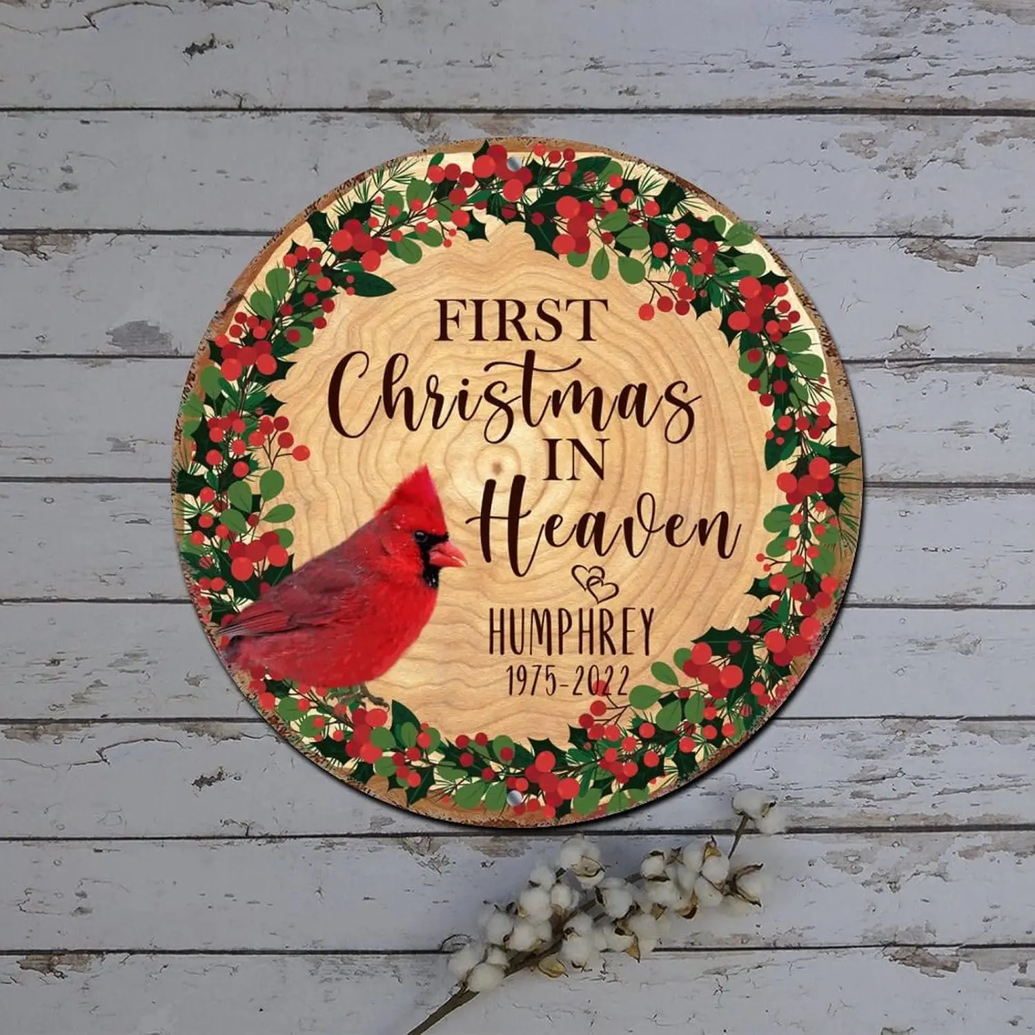 Snowman Christmas Wreath Sign First Christmas in Heaven Cardinalis Poinsettia Round Metal Tin Sign Christmas Decorations for Cab