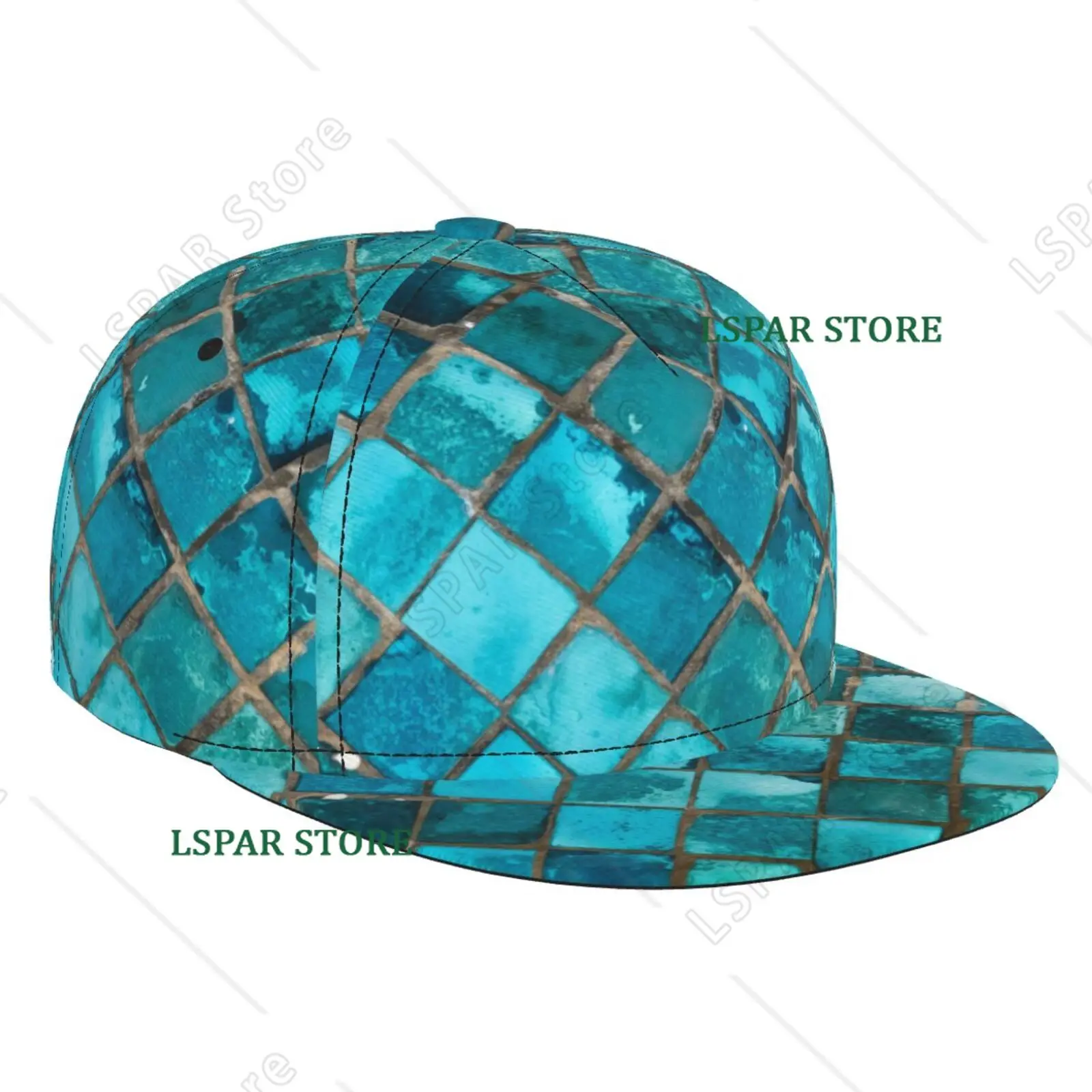 Turquoise Blue Pattern Flat Bill Hat Unisex Snapback Baseball Cap Hip Hop Style Flat Visor Blank Adjustable