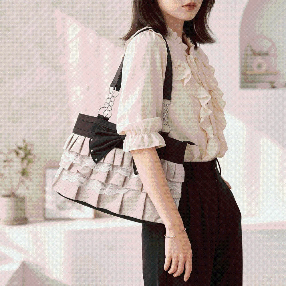 Multi-layer Lace Tote Bag Lace Embellished Large Capacity Bowknot Handbag Twin Handles Sweet Ruffle Canvas Purse Harajuku Style