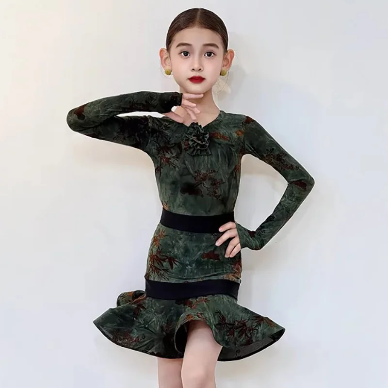 

Green Print Children's Latin Dance Dress Kids Girls Autumn and Winter Long Sleeve Dance Practice Dress Performance Skirt