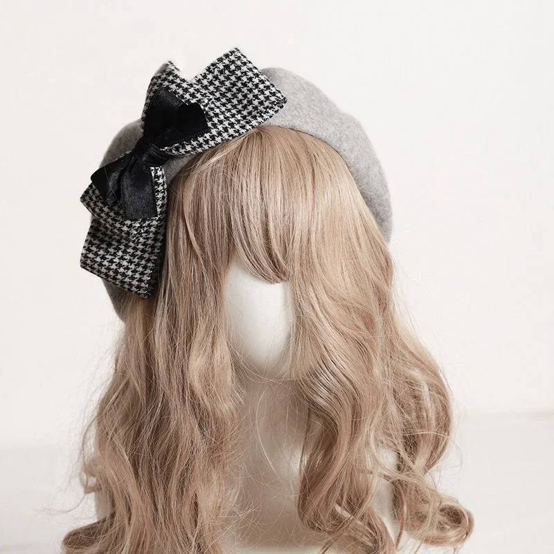 Lolita Plaid duża kokarda śliczny Beret jesienno-zimowa czapka czapka wełniane czapki Vintage Fascinator francuskie czapki dla kobiet dziewczyn