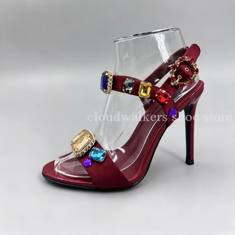 

New Patent Leather Satin Patchwork Vintage Sandal Gorgeous Gold Thread Wrap Gemstone Stiletto Sandal Crystal Buckle Ankle Strap