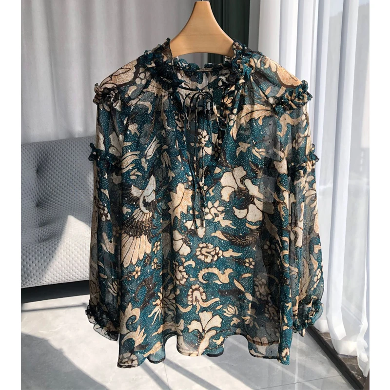 Birdtree Long Sleeve Ruffles Lace-up Collar,100%Real Silk Shirts Shiny Position Printed Blouse for Women,Loose Tops T36640QC