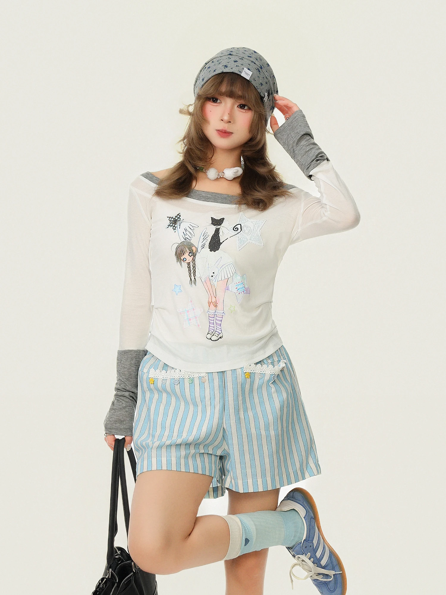 

Long Sleeve T-Shirt Women's Spring Casual Style Slim Fit Print Inner Wear Top with Collar Two Piece Set Cotton Polyester