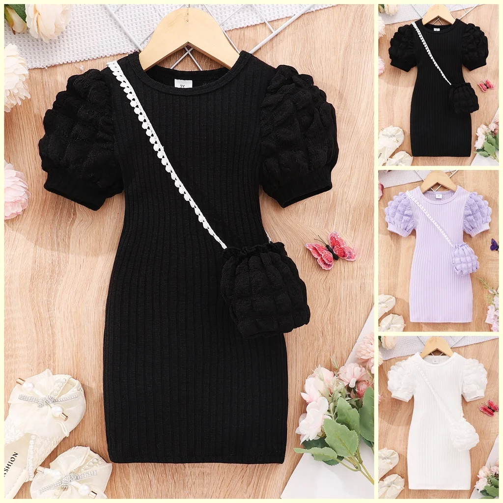 2024 Midi Dress Kids Girl Clothes Summer Short Sleeve Baby Girl Bodycon Dress Party Children Wrap Tight Dress 3 4 5 6 7 8 Years