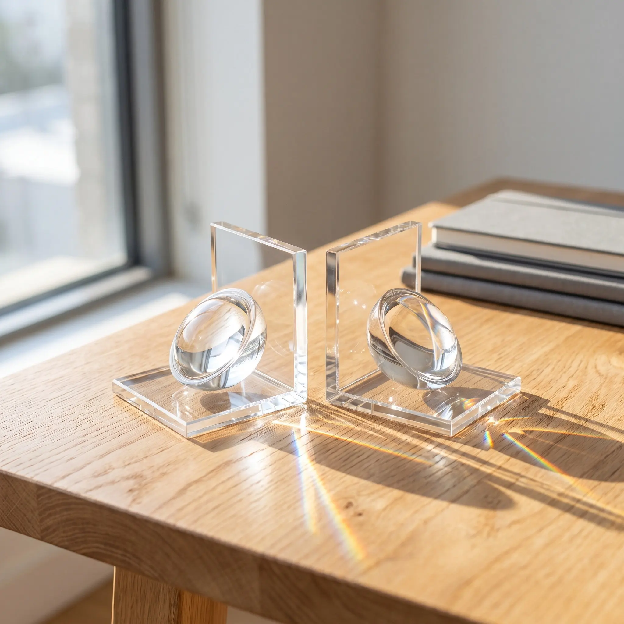 2Pcs Crystal Bookends Clear L Shape Non Skid Heavy Duty Book Supports Decorative Half Ball Book Shelf Ends Desktop Office Home