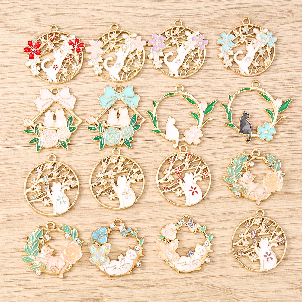 

Tusember 10pcs New Alloy Romantic Floral Cats Charms Flower Animals Cat Pendants For DIY Bracelet Necklace Jewelry Making Craft
