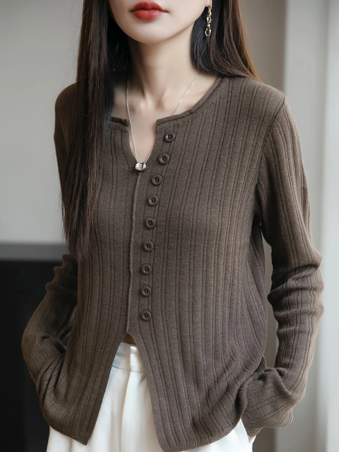 Ce Au Lait Long Sve V-Ne Top de punto con abertura frontal, ajuste holgado, Material suave, capa Base fina, irt para mujer, temporada de otoño