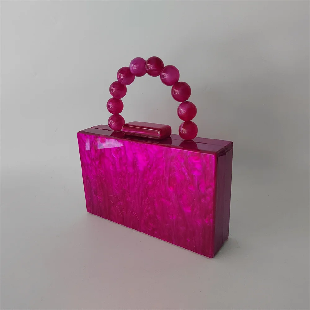 Hot Fuchsia Marble Acrylic PVC Box  Clutch Bags Women Luxury Designer Purses And Handbags Wedding Party Beaded Handle Flap Bags