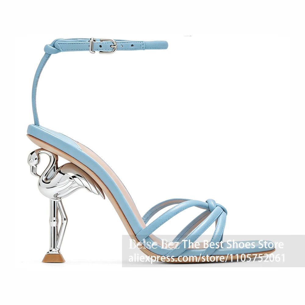 Silver Bird Sculptural Heel Ankle Strap Sandals Knotted Strappy Square Toe Summer Shoes Designer Strange Statement Heel Sandals