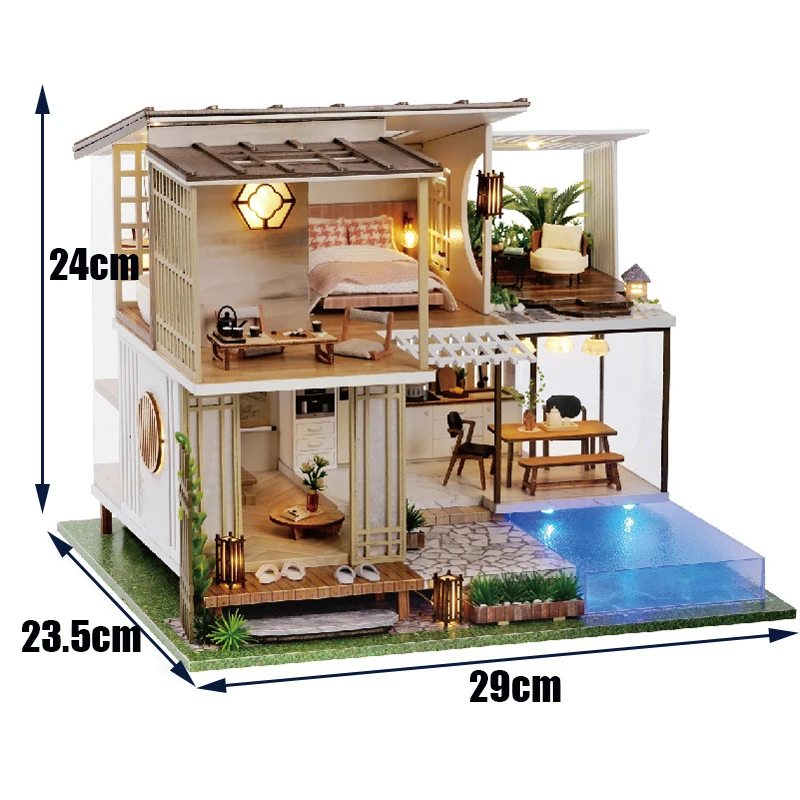 DIY Wooden Modern Loft Casa Miniature Building Kits Assembled Dollhouses With Light Bookshelf Home Decor Friends Birthday Gifts