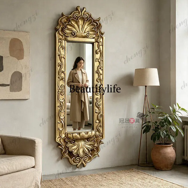 European vintage wall-mounted full-length mirror, French classical wall-mounted ultra-narrow bedroom fitting mirror