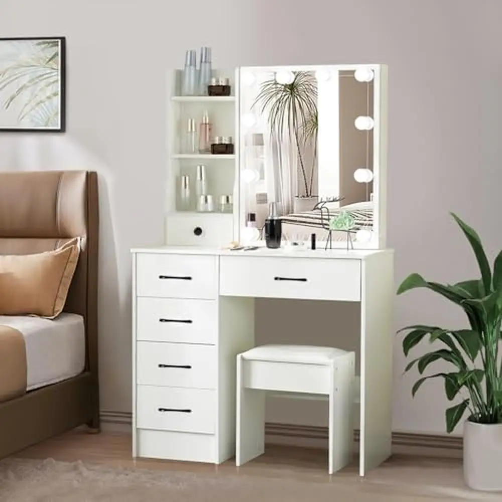 Modern Makeup Vanity Desk with Adjustable Light Colors & Clear Mirror White Bedroom Vanity Table Set with Drawers Shelves and