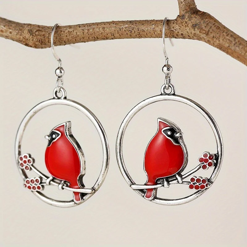 Bohemian Style Simple Vintage Redbird Branch Design Metal Hook Earrings for Women to Wear on Holiday