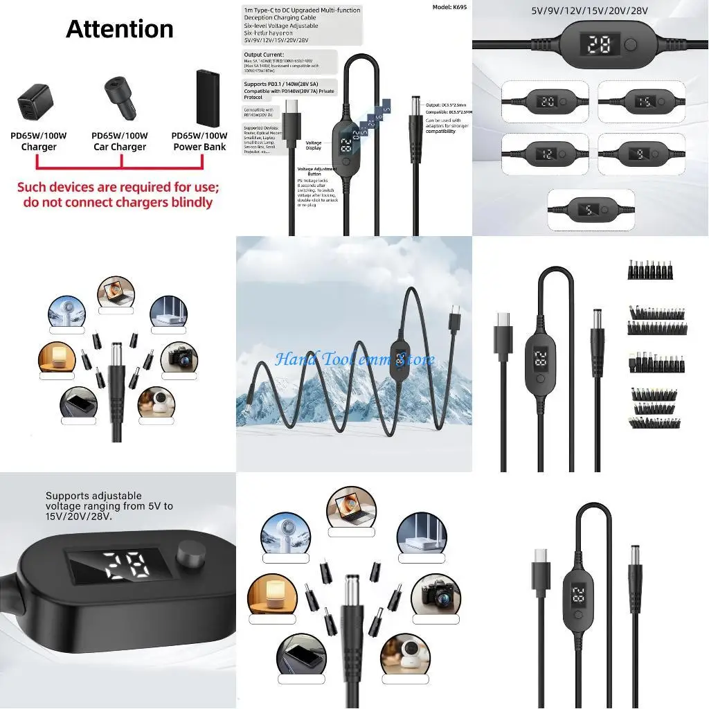 

H37F Adjustable Voltages Cable Type C to DC5525 Digital Display Power Delivery Compatible
