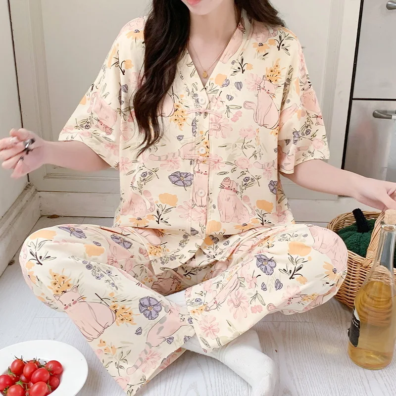 Ensemble de pyjamas kimono College pour femmes, vêtements d'intérieur d'été, manches courtes, pantalons longs, vêtements de nuit pour jeunes filles