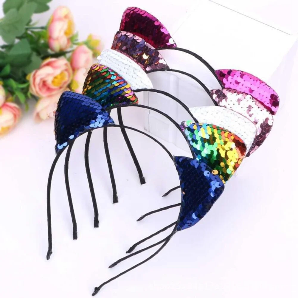 1PCS Cat Ear Headbands Reversible Shiny Sequin Hairband Kitty Headband Hair Hoops for Women and Girls Hair Accessories Gifts