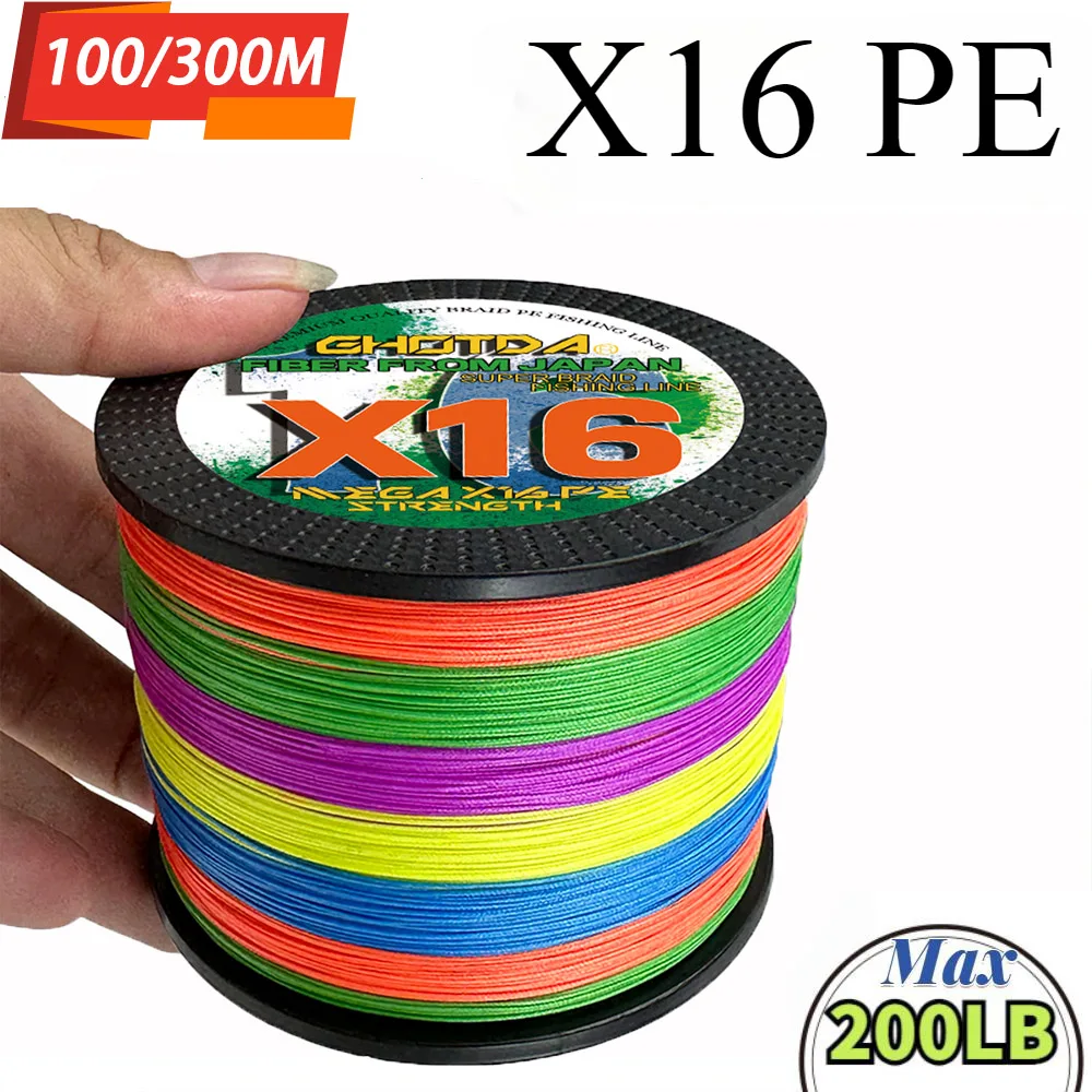 Multifilament PE Fishing Line 16Strands Braided 100/300M Hollowcore 25-200LBS Thread Line 0.16-0.8mm Saltwater Fishing Cords