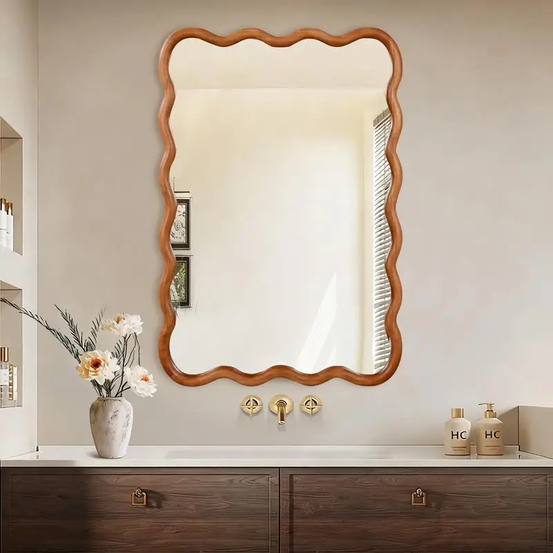 

Yellowish Brown 24x36 Inch Wavy Rectangle Solid Wood Frame Decorative Mirror for Bedroom, Bathroom, Living Room, and Entryway