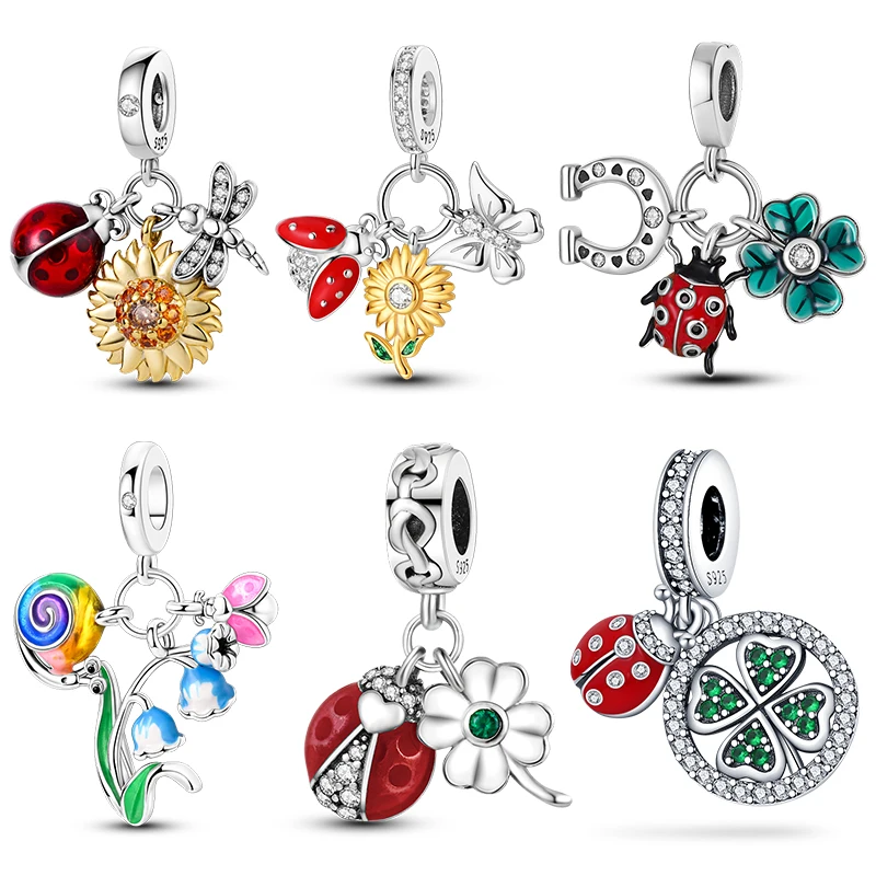 

925 Silver Animals Colored Ladybug Dangle Charm Bead Fits Original Bracelet Necklace DIY Party Gift Fine Luxury Jewelry Hot Sale
